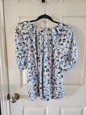 Ann Taylor Office Feminine Blue Floral Romantic Puff Sleeve Blouse, medium